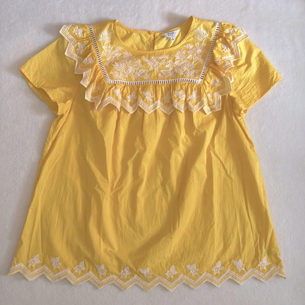 Crown & Ivy | Embroidered Ruffle Yoke Short Sleeve Zigzag Hem Top Yellow/White M - Picture 2 of 16